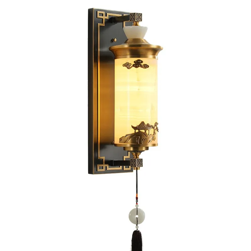 

New Chinese style all copper and jade wall lamp Chinese style living room background wall villa hotel study bedroom bedside lamp