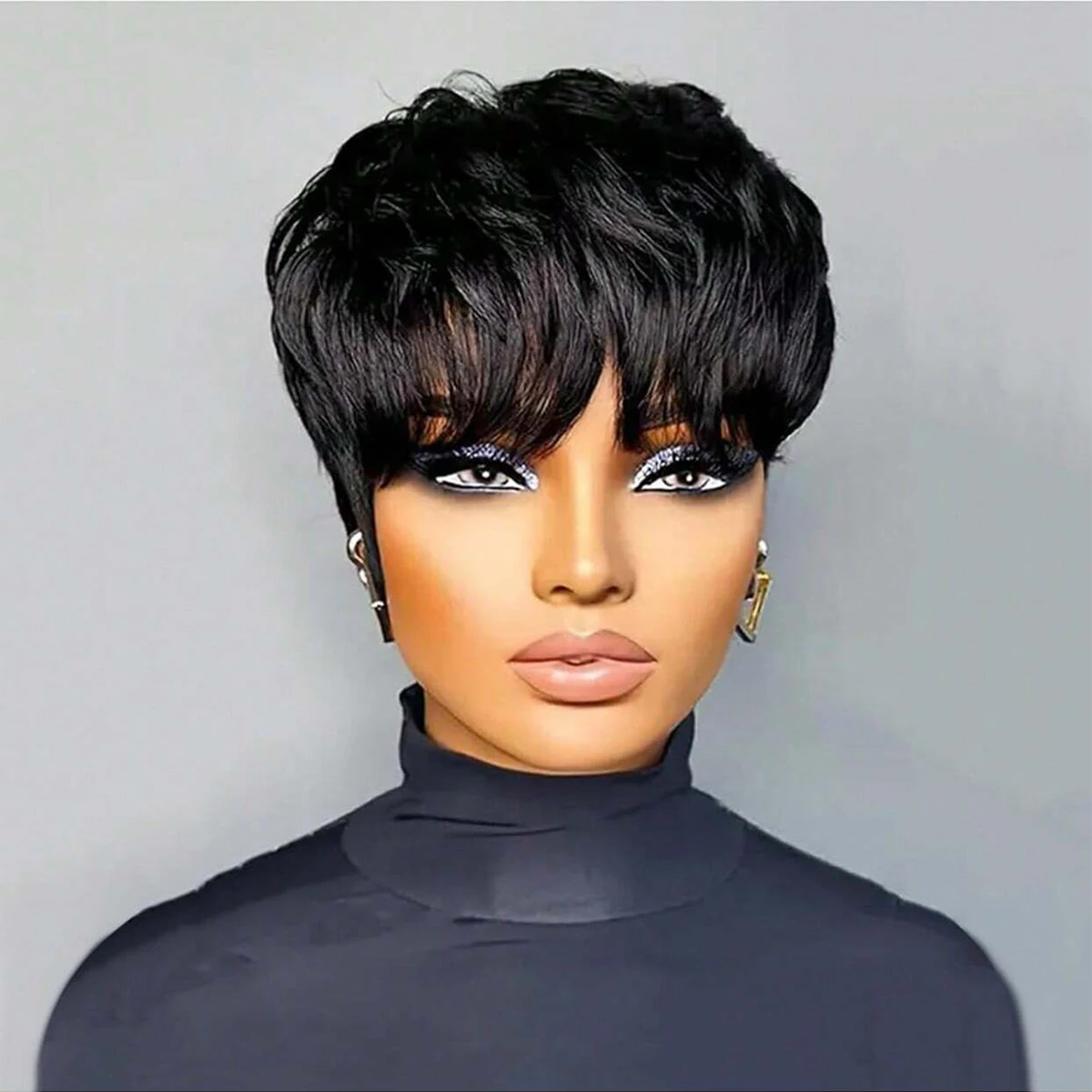 Short Bob Wig ForWomen Pixie Cut Wigs Glueless Wig None Lace Front Wig With Bangs Natural Black Straight Synthetic Wig