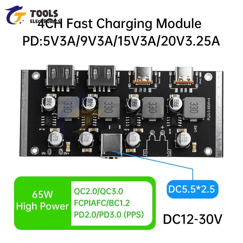 

4-Way PD65W Fast Charging Module Type-C interface USB-A Support PD3.0/2.0 QC3.0/2.0 FCP AFC Fast Charging DC5.5*2.5/DC5.5*5.1