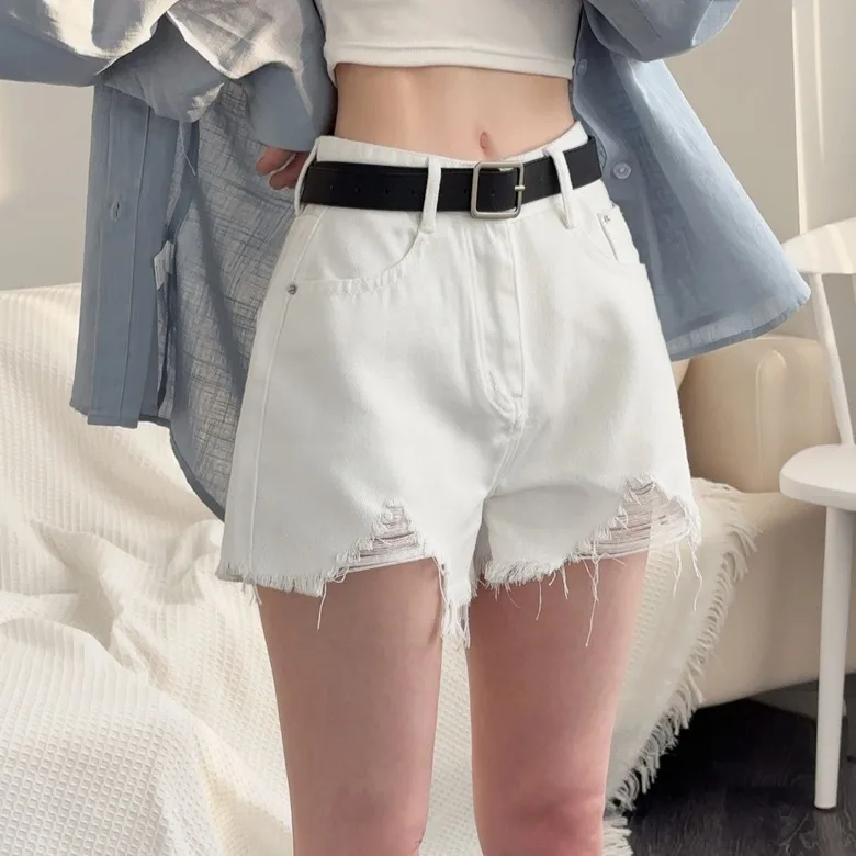 

High Waist Hole Design Korean Style Chic Black Denim Shorts Summer Loose A-Line Hot Pants Women's Fashion Polyester Fiber