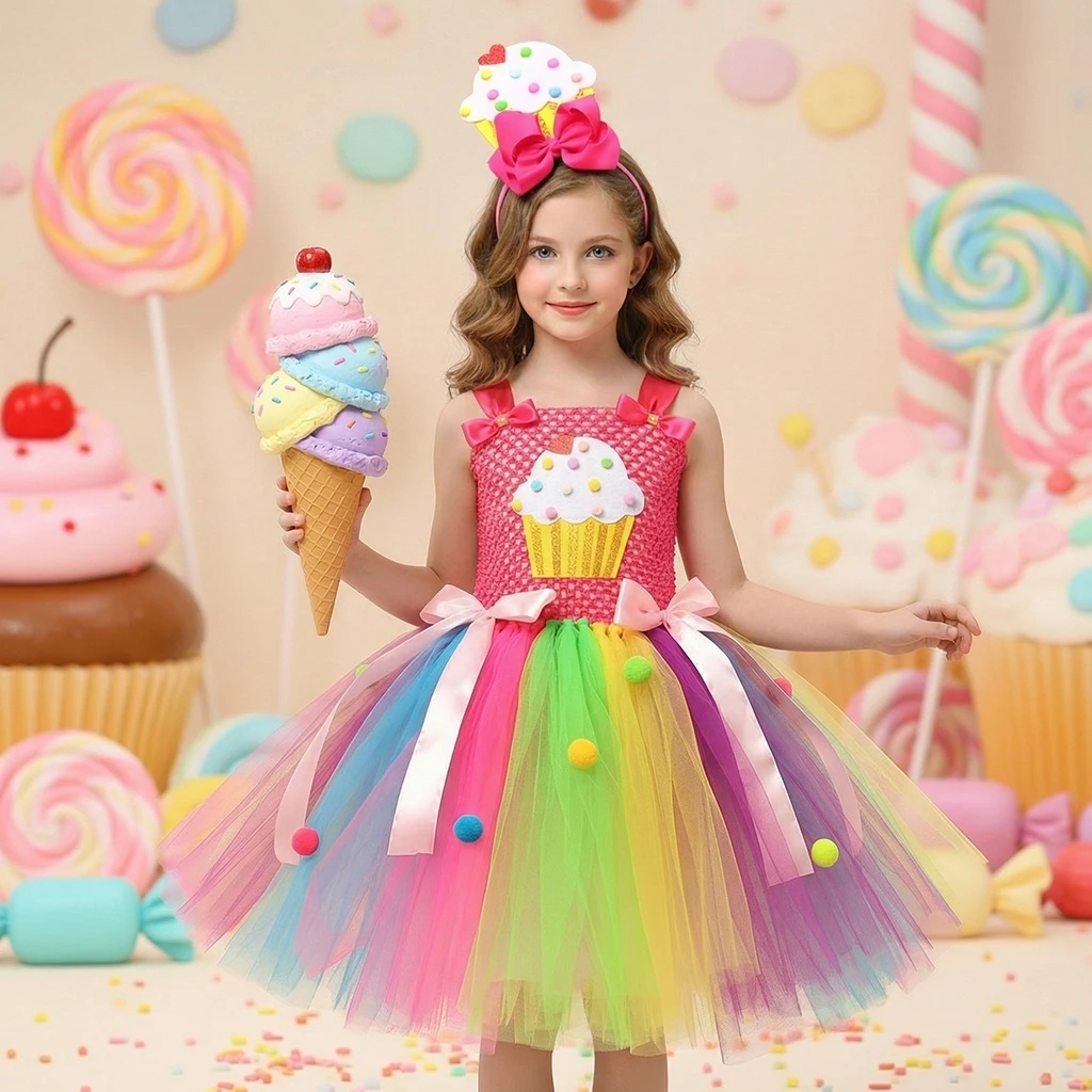 Disfraz de Princesa de Dulces para Niñas, Carnaval de Purim, Fiesta de Cumpleaños, Tutú, Vestido de Princesa, Dulces de Arcoíris, Vestidos de Fiesta