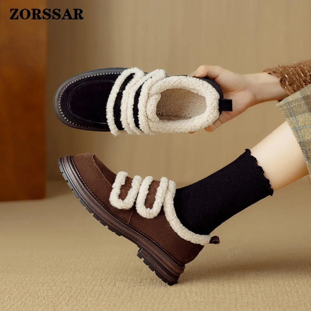 

Winter Flat Shoes Women 2025 New Plush Lining Warm Women Snow Shoes Cow Suede Leather Comfortable Female Winter Loafers