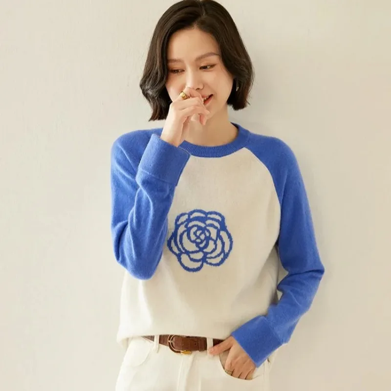 

Ladies Knitted round Neck Wool Sweater Autumn Winter New Color Block Knitwear Pullover Top Women's Cashmere Soft Comfortable
