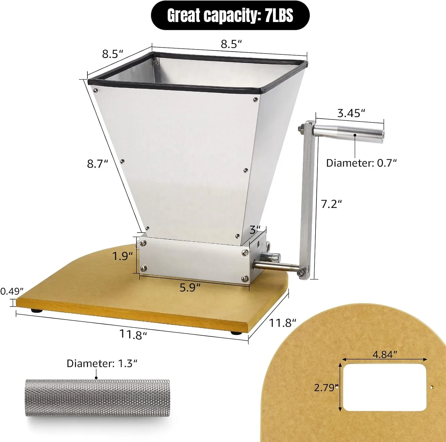 Stainless Steel 2 Roller Grinder Crusher Adjustable 2 Bearing Rollers Malt Mill with Wooden Base for HomeBrew Manual Tools