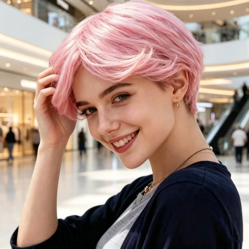 Pink Simulated Middle Parted Short Hair Women'S Wig Fashionable Outdoor Travel High Temperature Wire Head-Wearing Synthetic Wig