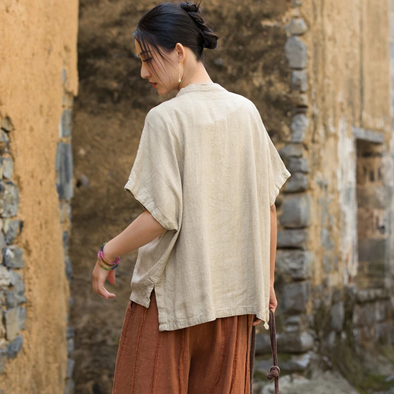 Femmes coton lin chemise décontractée nouveau 2025 été Style chinois Vintage col montant ample femme à manches courtes hauts chemises M1307