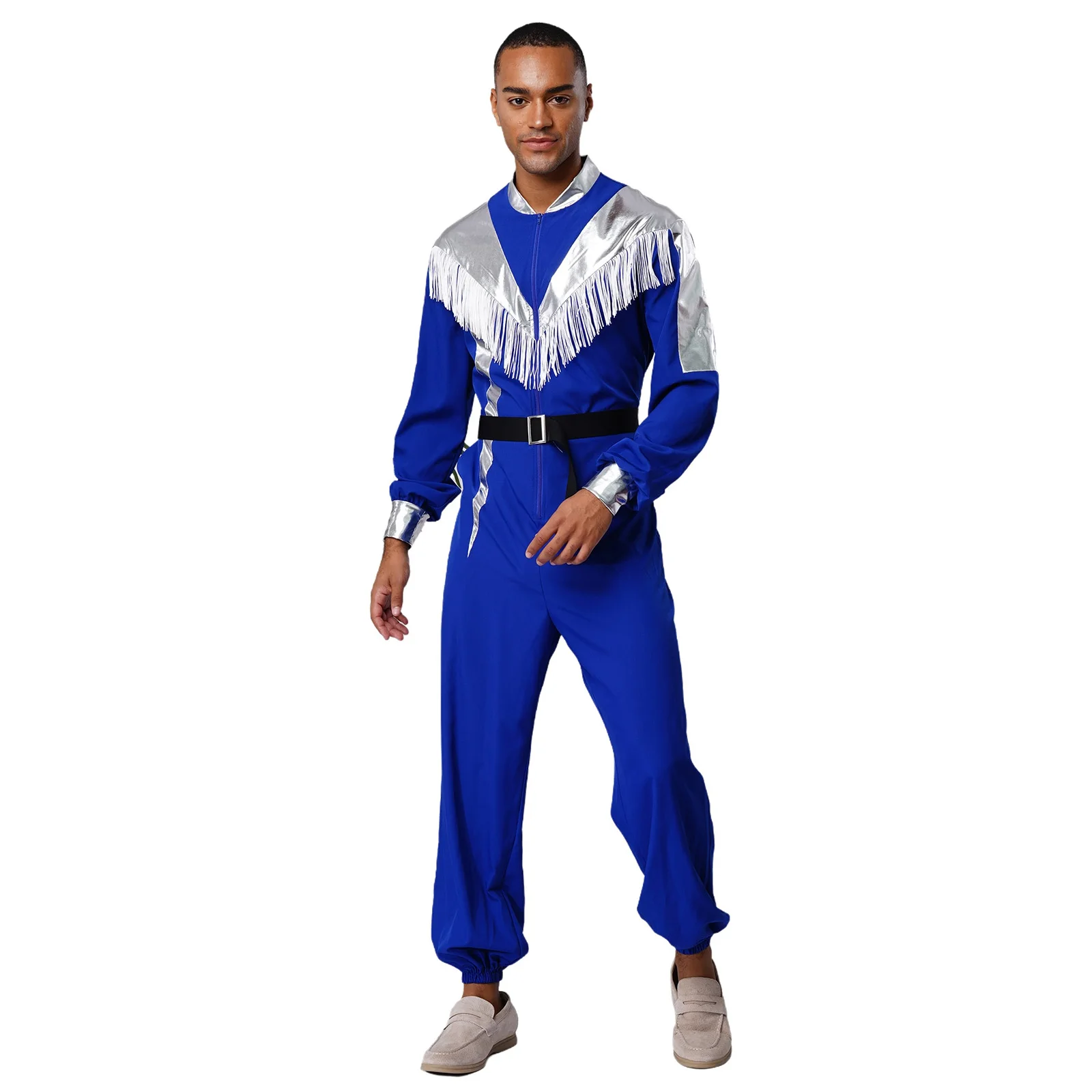 

Men's Halloween Space Cowboy Outfit Adult Astronaut Cosplay Costume Long Sleeve Color Block Metallic Tassels Jumpsuit+Belt Suits