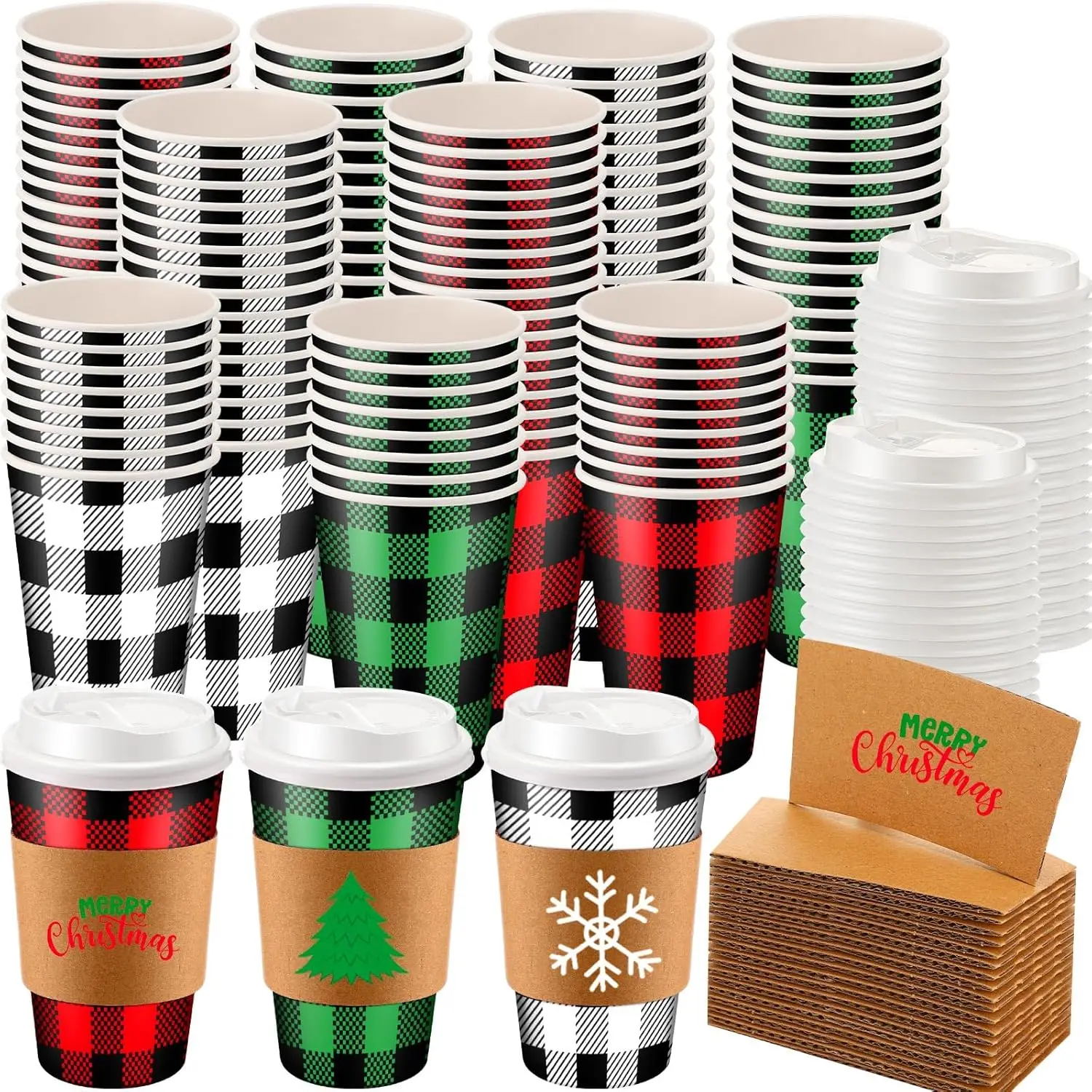 

60 Sets 16 oz Christmas Disposable Coffee Cups with Lids and Sleeves Christmas Paper Cups Red White Buffalo Plaid Party
