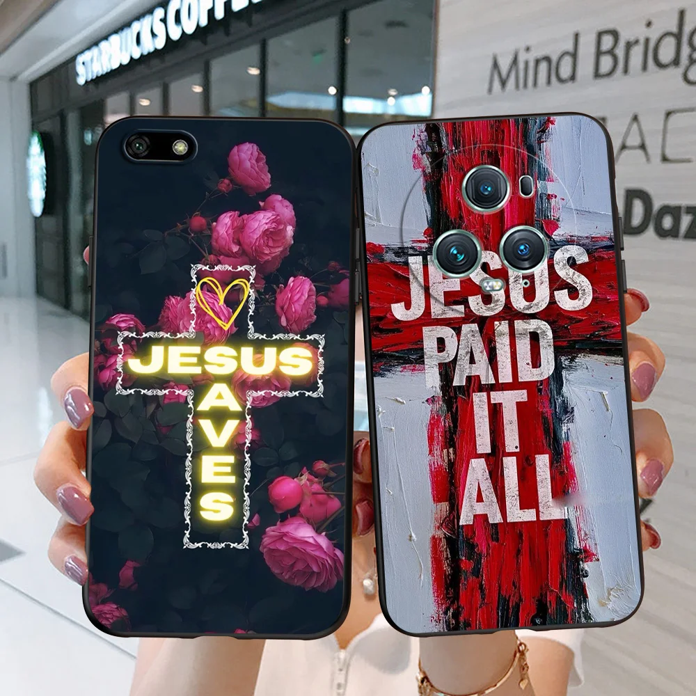 Black Tpu Case For Huawei Honor X9 X8 50 Lite Pro 10 lite Nova Y70 Y90 PLUS 5t 8 9 4G 5G 8i X8A X9A Jesus Cross Art