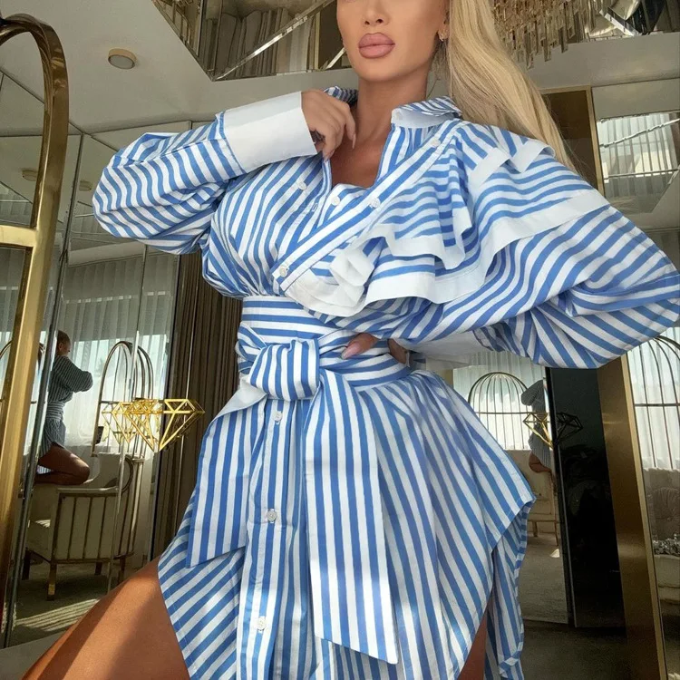 Fashion Loose Blue Stripe Women's Dress 2026 Elegant Lapel Long Sleeve Mini Dresses Casual Classic Lace-Up Female Dress