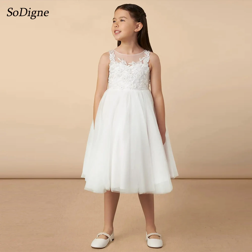 SoDigne A-line Lace Appliques Flower Girl Dress O-neck Sleeveless Tulle Skirt Girls Party Dresses Customized Kid Gown with Bow