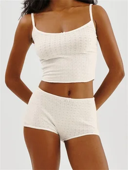 CHRONSTYLE 섹시한 여성 2 개 세트 보우 민소매 스트랩 Camis 자르기 탑 탄성 높은 허리 반바지 여름 캐주얼 streetwear 2023