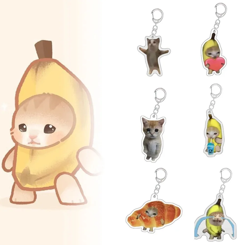 New Kawaii Happy Banana Cat Keychain Resin Cartoon Mobile Phone Chain Portable Accessories Car Key Chains DIY Handmade Jewelry