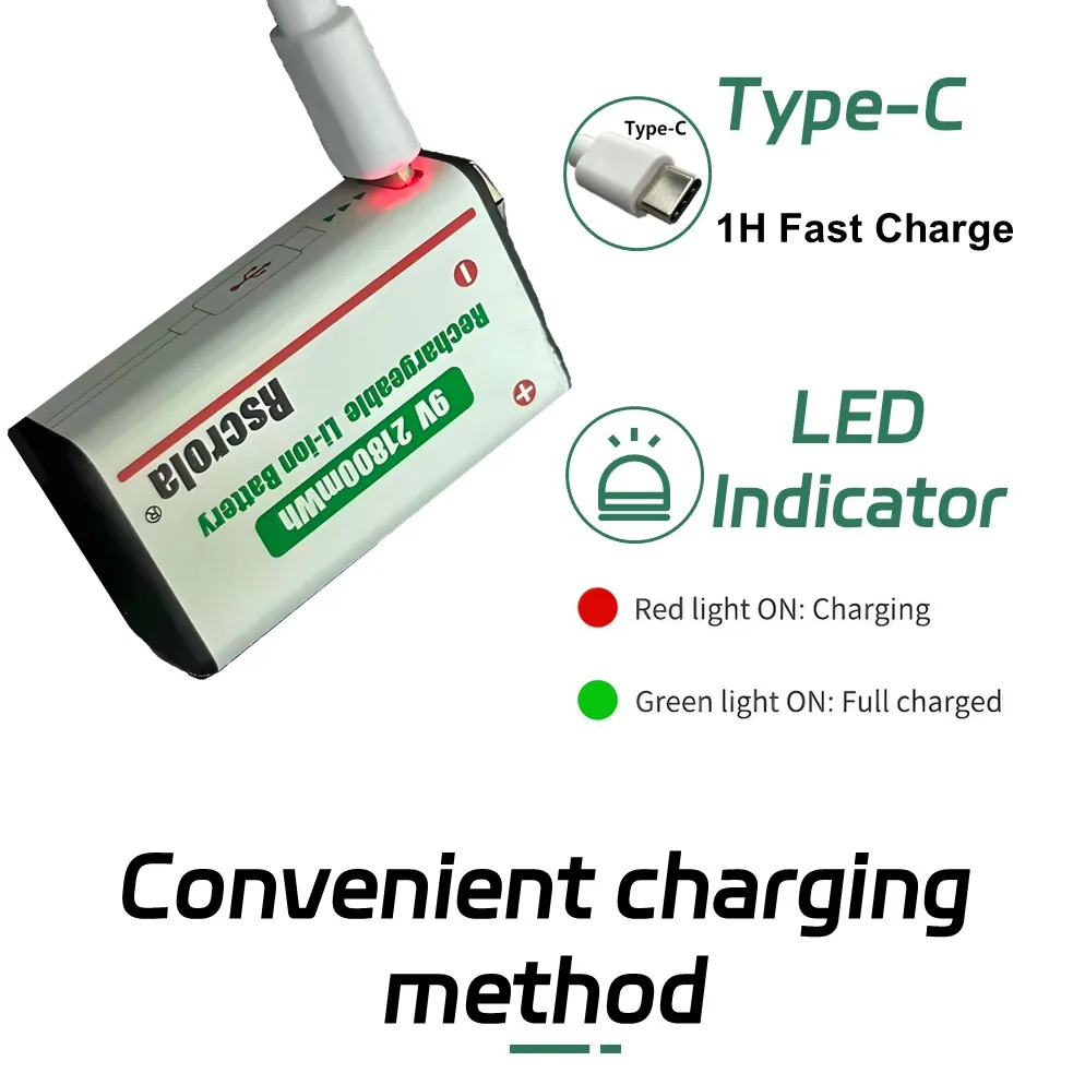 بطارية قابلة للشحن 9 فولت شحن USB-C، بطارية ليثيوم أيون 9 فولت تدوم 2100 ميجاوات في الساعة مع كابل مجاني، لإنذار الدخان والكاميرا والساعات والصوت