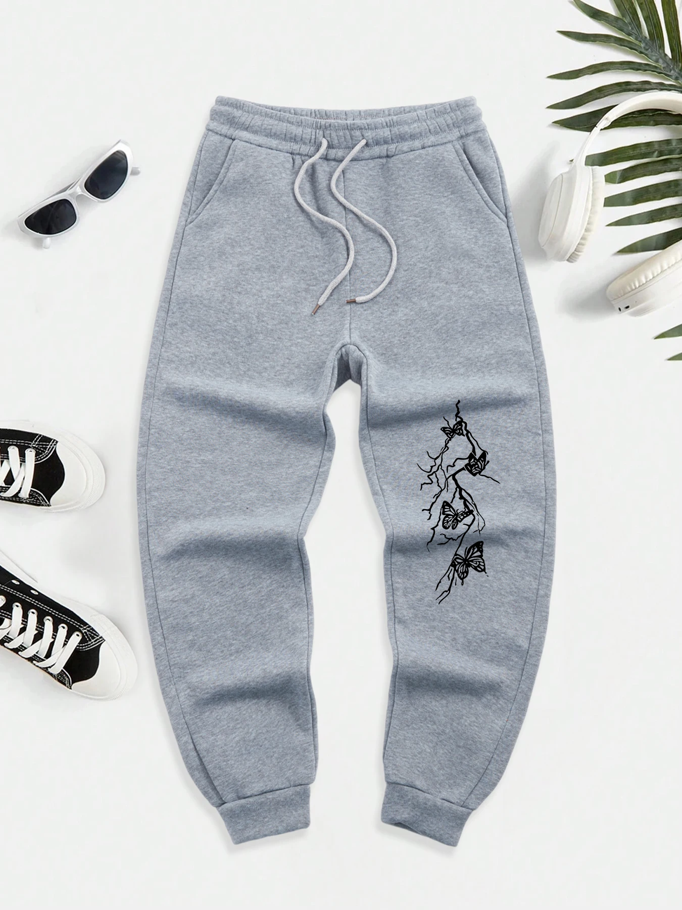 

Butterflies On Tree Branches Prints Mens Pants Fleece Street Sweatpant Drawstring Pocket Trousers Casual Hip Hop Pant Male