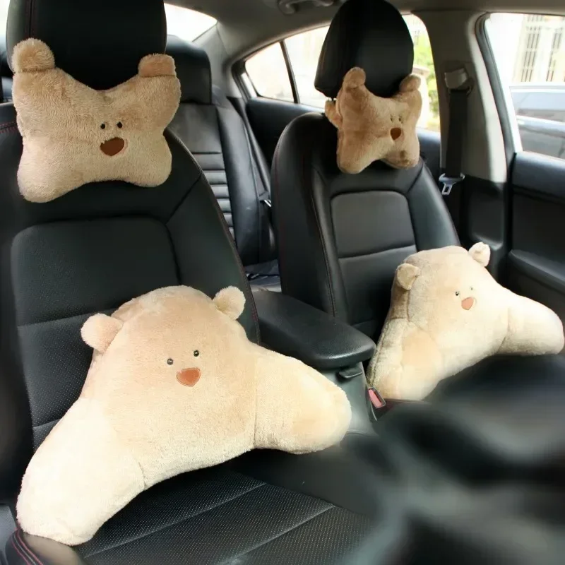 Plush Car Headrest Lumbar Support Lumbar Cushion Cartoon Bear Backrest Lumbar Pillow Car Comfortable Neck Pillow Car Accessorie