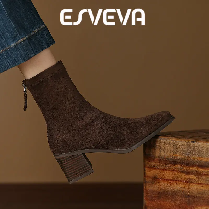ESVEVA 2027 News Women Ankle Boots Shoes Fashion Stretch Boots High Heels Autumn Zipper Pointed Toe Dress Short Boots 34-40