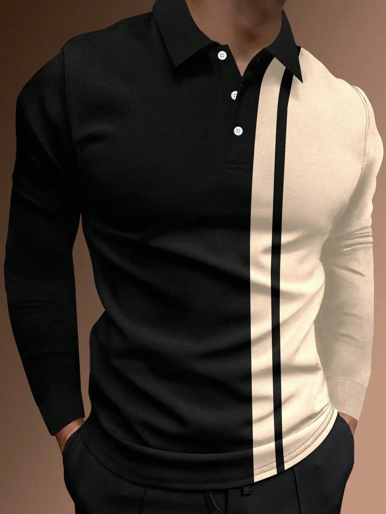 

Men's Long Sleeve Two-Tone Color Block Polo Shirt, Casual Button-Up Collar Top