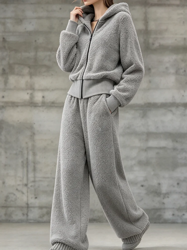 Women Two Piece Set Fuzzy Hooded Zip Up Jacket Loose Pants Suit Casual Warm Sporty Sweatsuit Loungewear Streetwear view 5