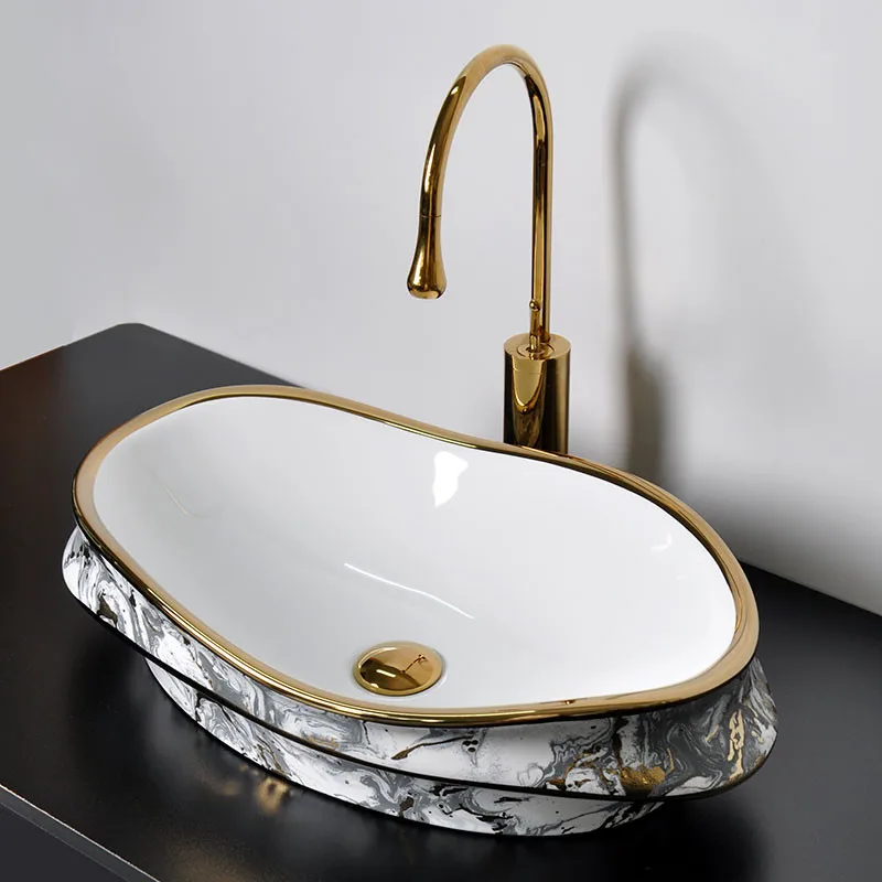 

Wave shaped irregular tabletop basin, light luxury electroplated personalized Chinese ceramic gold edged bathroom sink
