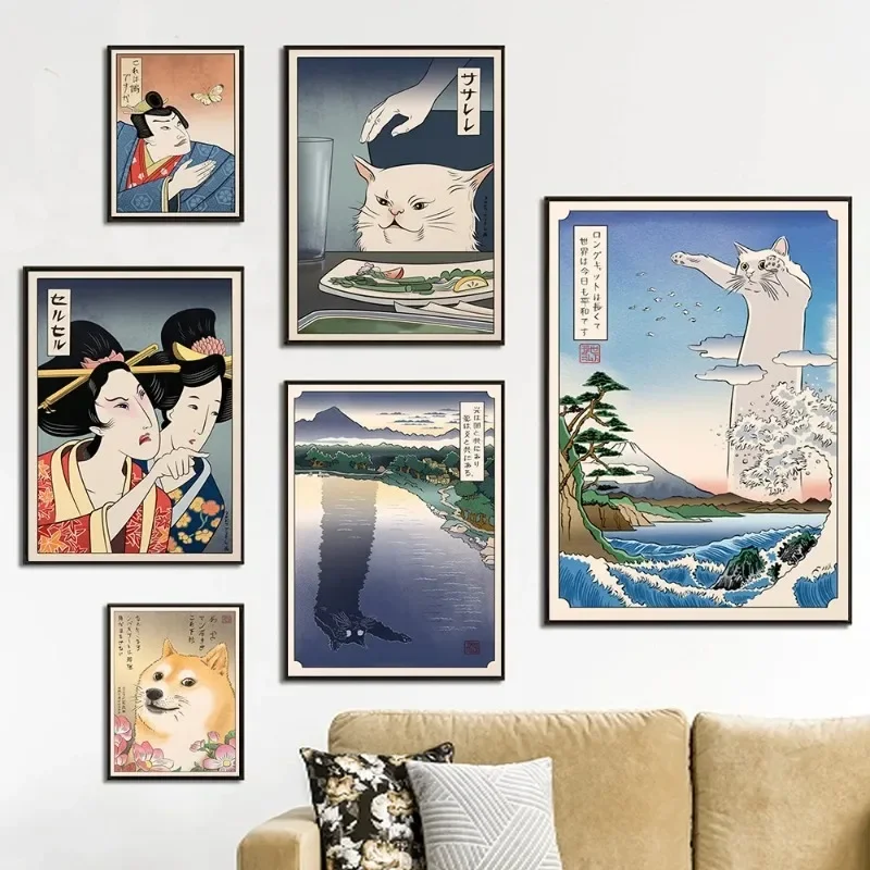 Japan Ukiyoe Style Posters and Prints Woman Yelling at Cat Canvas Painting Vintage Longcat Wall Art Pictures Home Decor No Fram
