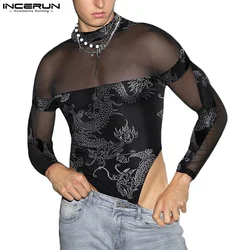 INCERUN Men Bodysuits Mesh Print Patchwork Transparent Sexy Turtleneck Long Sleeve Rompers Streetwear 2024 Fashion Male Bodysuit