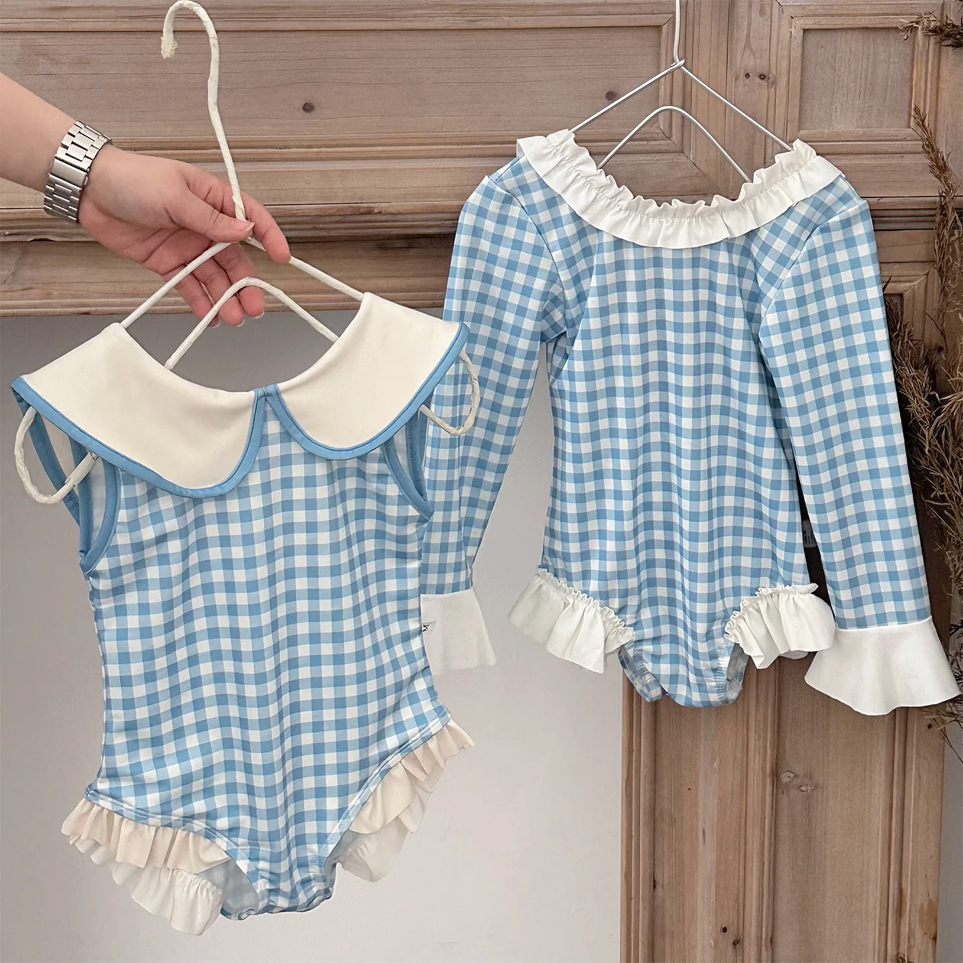 2026 Summer Toddlers Girls Plaid One-piece Swimwear Long Sleeve Sun-proof Beach Bikini Backless Ruffles Kids Swimsuit