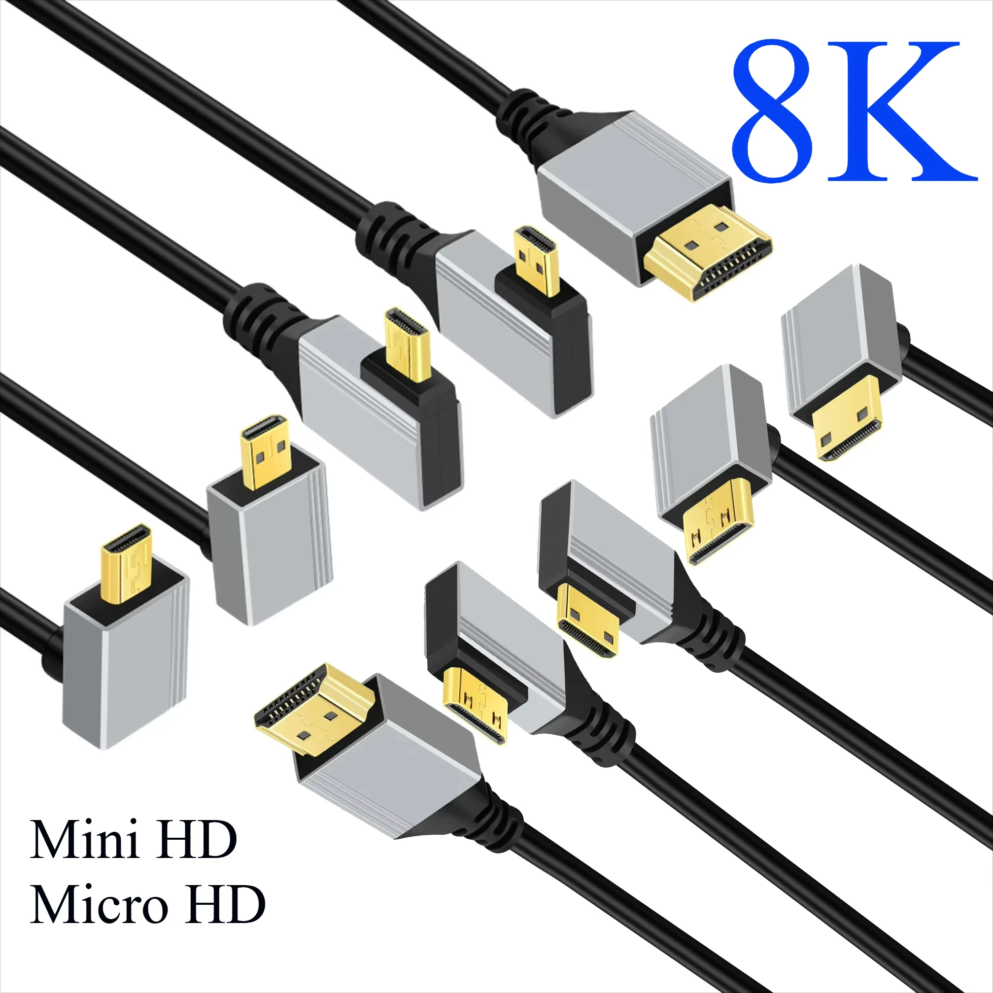 Mini/Micro HDMI-Compatible 8K UHD Cable 90 Degree Up/Down/Left/Right Angle HD Port Thin Cord for Laptop Camera Tablet Camcorder