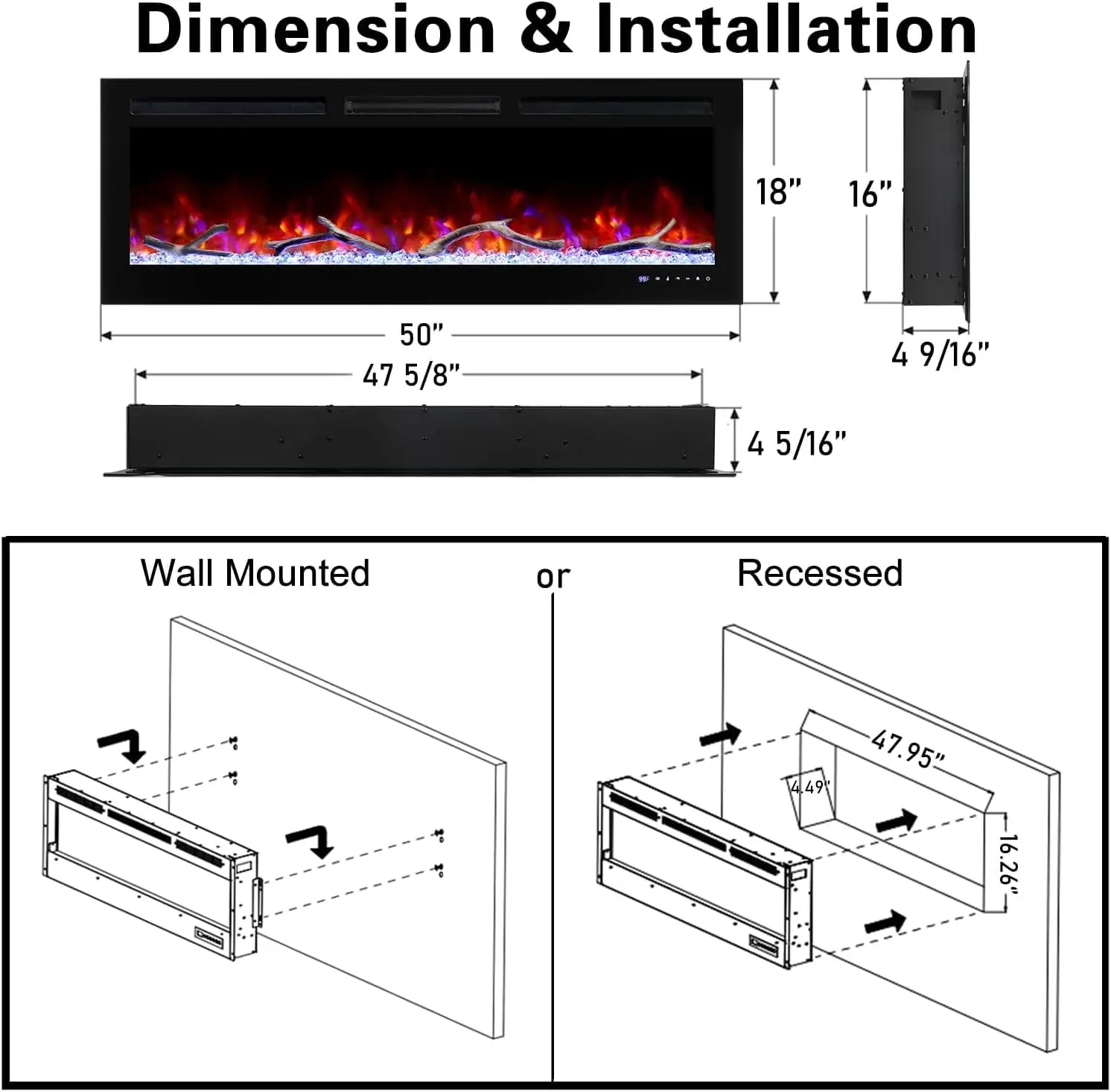 50 Inch Electric Fireplace Insert, Smart WiFi Alexa, Recessed Wall Mount