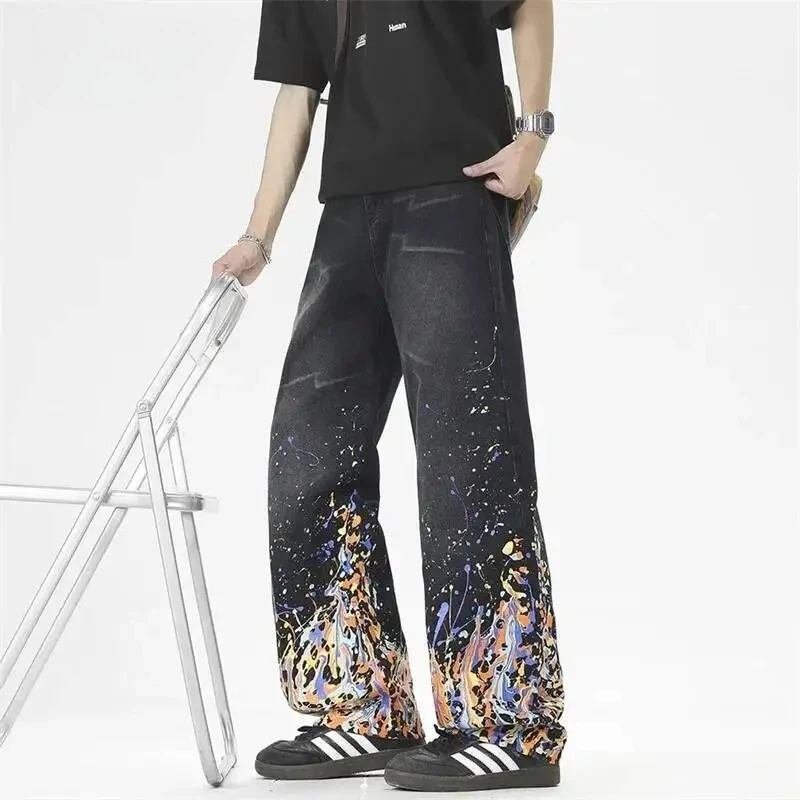 American Style Trendy Black Blue Men's Denim Pants Washed Colorful Flame Splash Graffiti Straight Jeans Fashion New