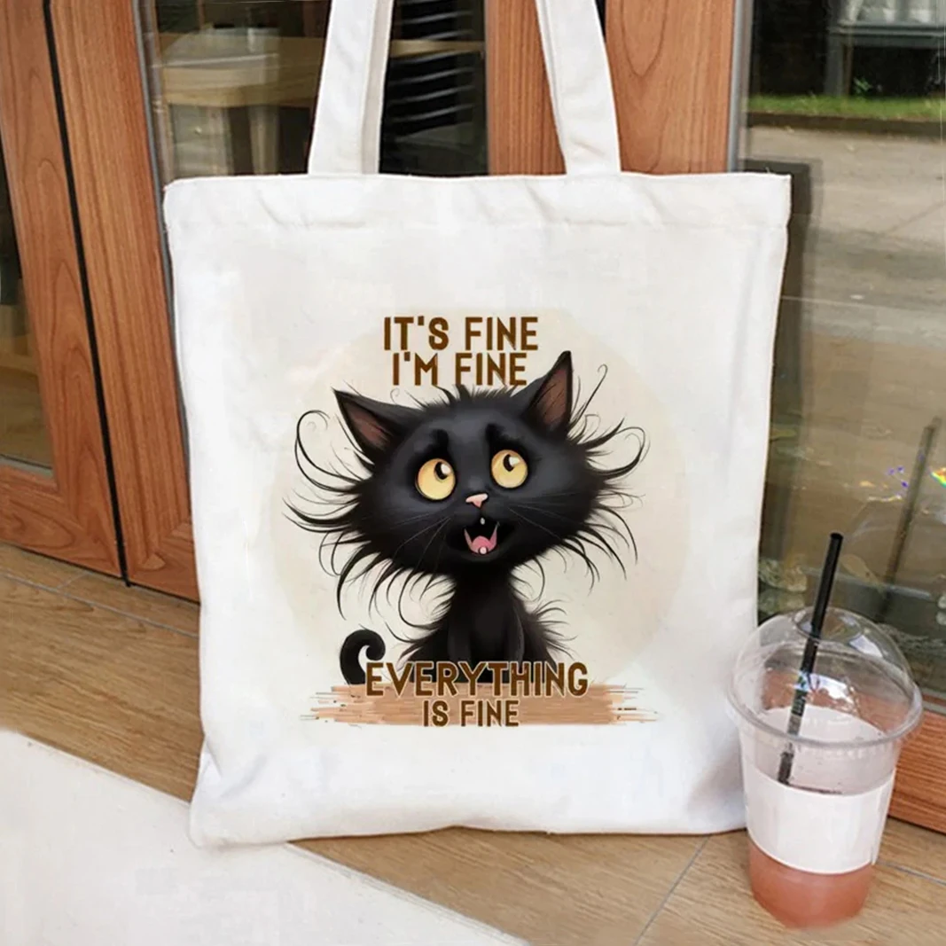 It's Fine Print Canvas Tote Bags حقيبة تسوق كبيرة كتب أنثى حقيبة مستحضرات التجميل حقيبة يد فتاة حقائب اليد القطة السوداء #2