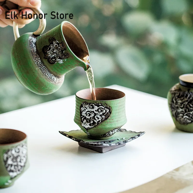 2pc/set Old Rock Mud Coaster Light Green Taotie Pattern Cup Holder for Coffee Cups Japanese Anti-scald Placemats Puer for Teaset