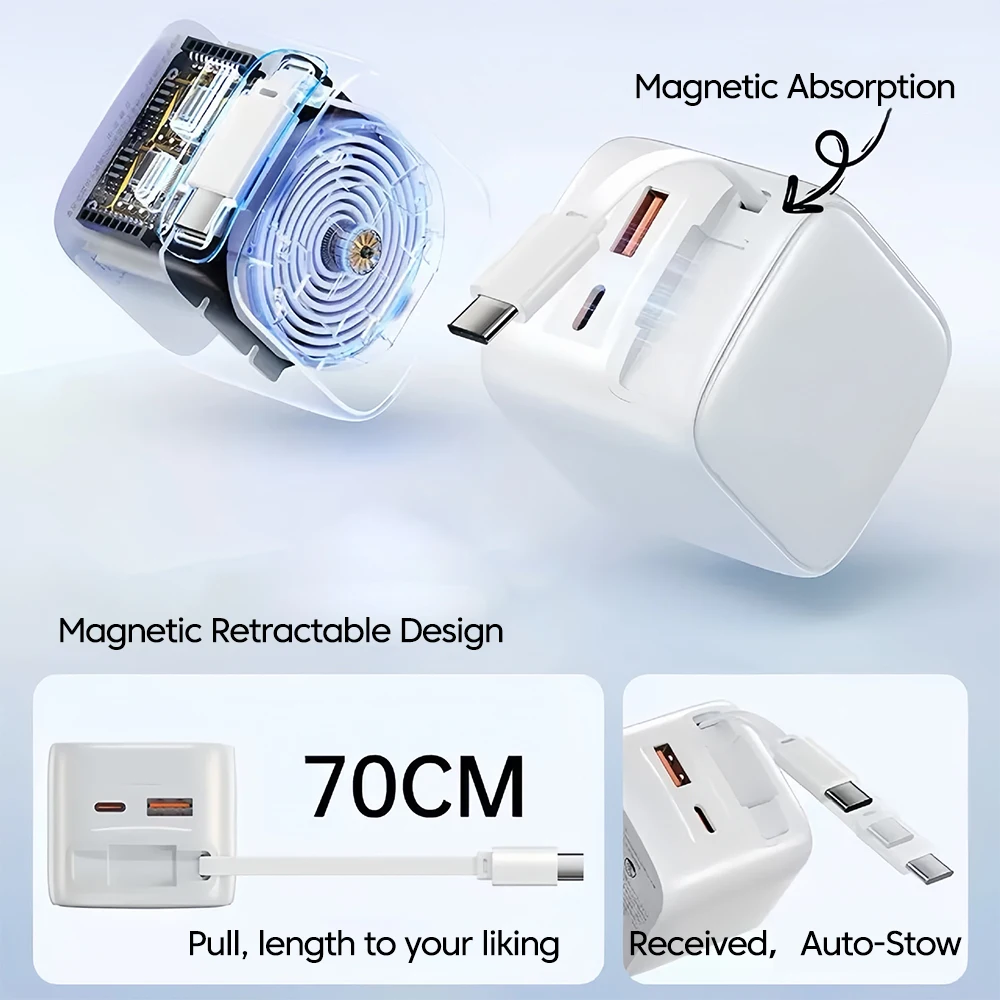 

Зарядное устройство GaN 90 Вт (стандарты UK/US/EU) с быстрой зарядкой 30 Вт USB + Type-C PD30W + 30W Type-C, выдвижной кабель, адаптер для телефонов, аксессуары