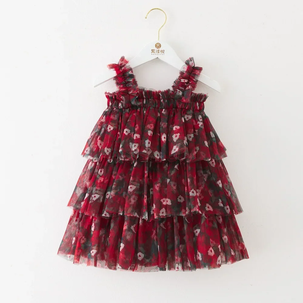 1-6Y Little Girls Christmas Dress Xmas Pattern Print Sleeveless Spaghetti Strap Tulle Layered Dresses Summer Kids Clothes