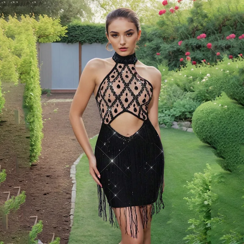 

European and American sexy light luxury short skirt splicing fringed dinner dress slim hip skirt fashionable simple luxury tempe