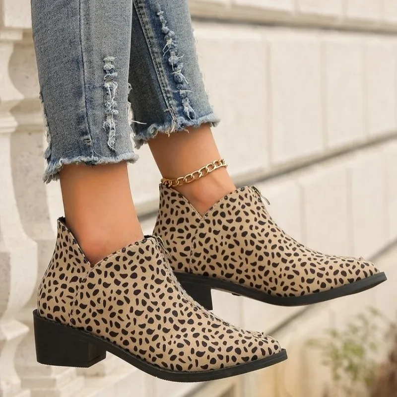 Autumn/Winter New Trade Women\'s Single Boot Large Leopard Print Front Zipper Square Heel Short Boots for Women Plus Size 42