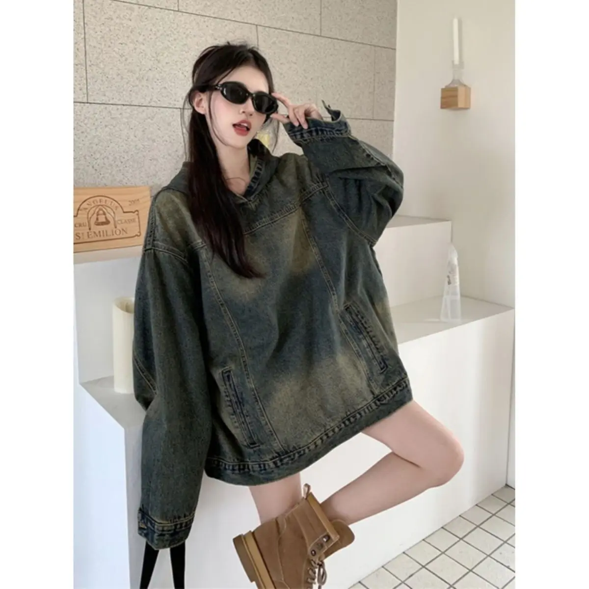 

Denim Coat Real Fur Womens Winter Plush Layered Hooded Padded Flared Mountaineering Ruffled Softshell Fleece-Lined Turtleneck OL