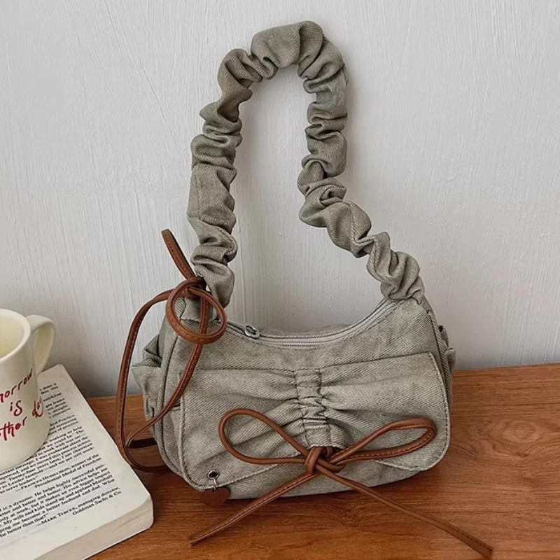 

Ruched Denim Shoulder Bag With Bow Tie Detail Washed Hobo Bag Casual Handbag Minimalist Daily Commute Crossbody Bag For Women