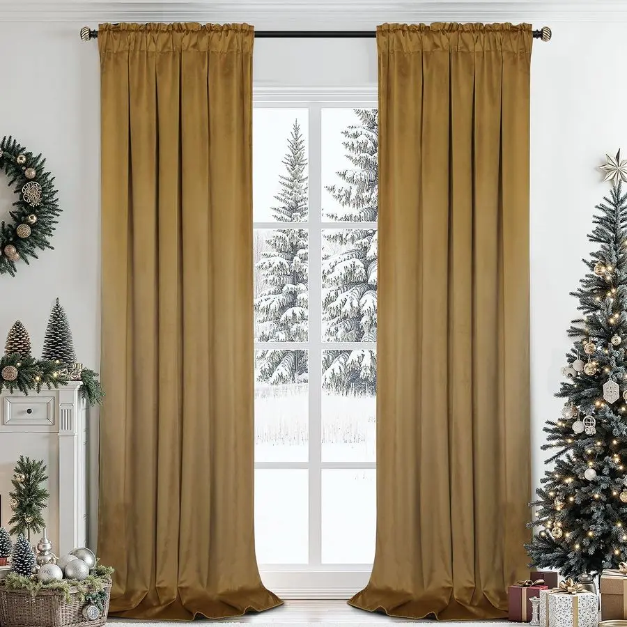 

Золотисто-коричневые бархатные шторы 96 дюймов для гостиной, роскошные затемняющие бархатные шторы с петлями для карниза, термоизоляционные, 2 панели
