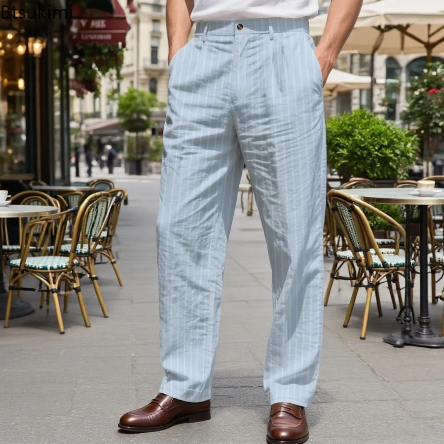 2025 Men's Fashion Striped Hot Pants Simple Loose Classic Linen Ankle Pants Spring and Autumn Casual Beach Sports Pants for Men