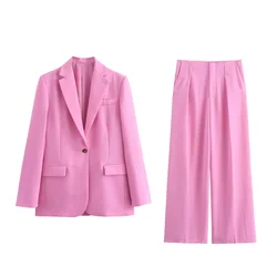 Women's New Fashion One Button Pink Flip Collar Straight Cut Suit Coat High Waist Strap Decoration Pants Set