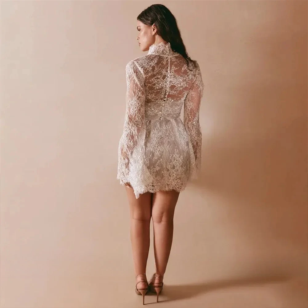 Luxury Lace Deep V Neck Customized Short A Line Wedding Dress Buttons Tiered Flare Sleeves Formal Bridal Gown Vestidos De Novia