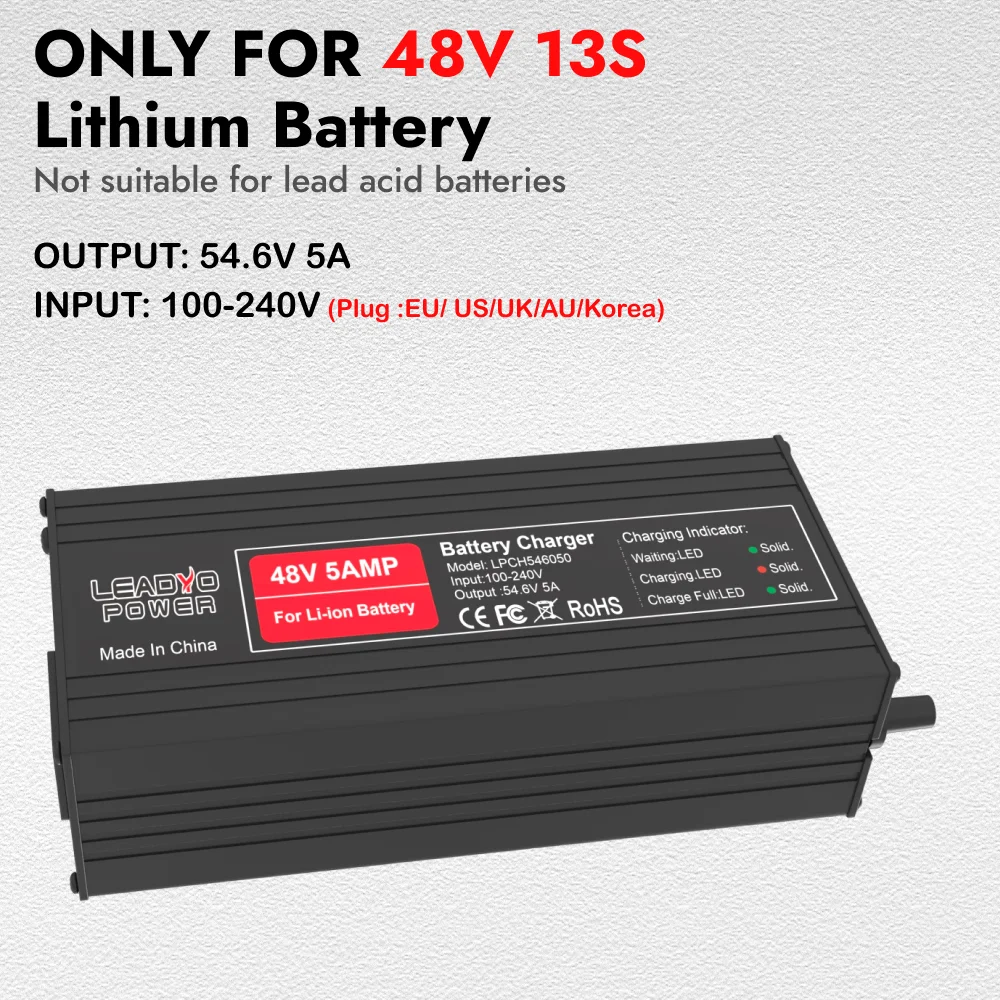 Batteria al litio caricabatterie 54,6 V 5A per 48 V 13 S li-io Ebike con spina DC2.1 XLR-3PIN M16 Guscio in alluminio Caricatore rapido intelligente 48 V