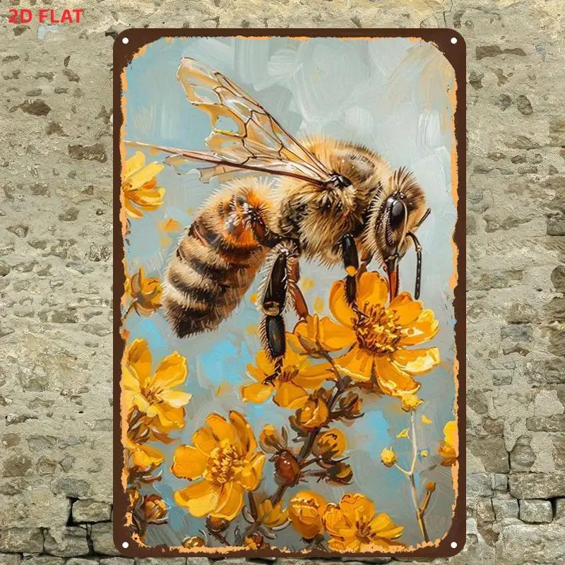2D Flat, 2D Flat,1pc,Honeybee on Yellow Flowers Metal SignMetal Iron Sign, Pre-Drilled Holes, Suitable for Indoor, Garden,Out