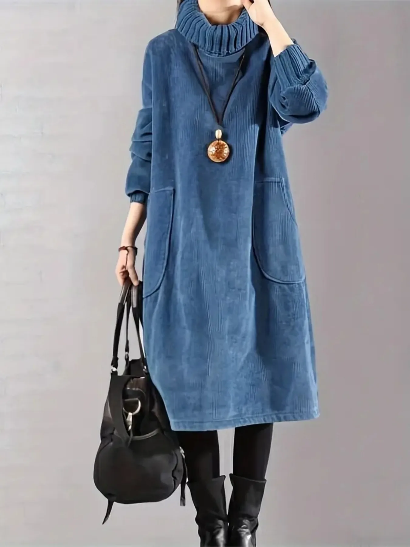 

Женское вельветовое платье с высоким воротником, длинными рукавами, свободного кроя, стиль средней длины, повседневное однотонное платье с карманами.