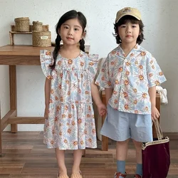 Kids Brother Sister Clothes 2025 Summer New Cotton Boy's Suit Shirt+short Or Floral Baby Girl Dress