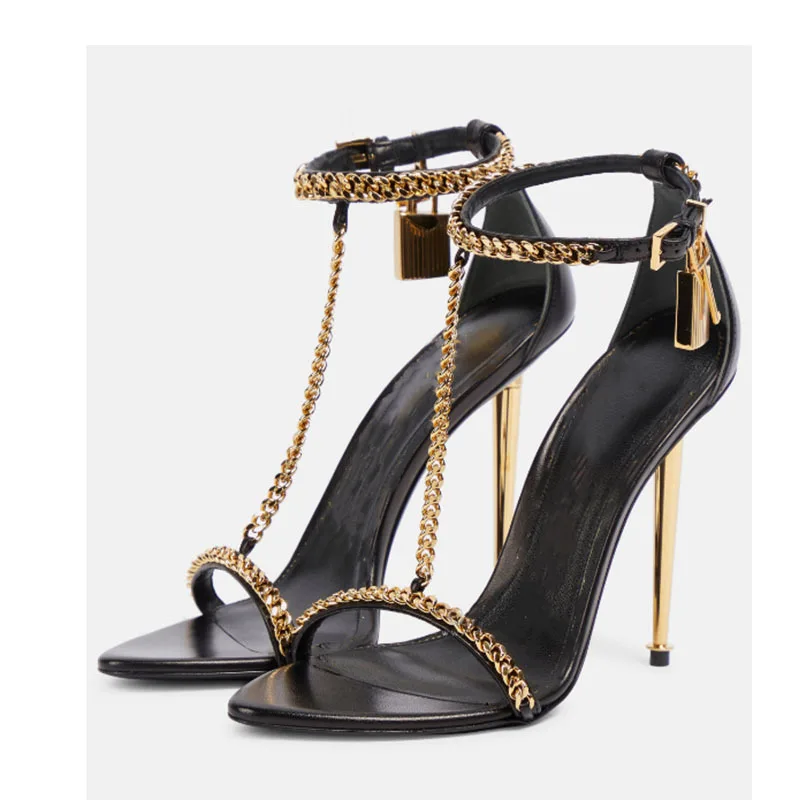 Fashion Minimalist Gold Chain Padlock High-heel Sandals European American Sexy Slim Heel Open Toe Metal Chain Pointed High Heels