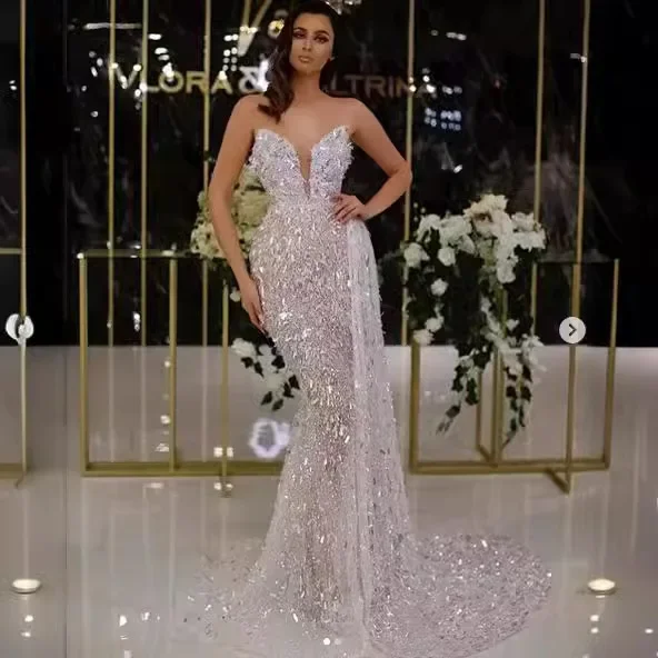 Moda de luxo sereia vestidos de casamento para mulheres querida pescoço sem mangas vestido de noiva pérolas lantejoulas robe vestidos de novia