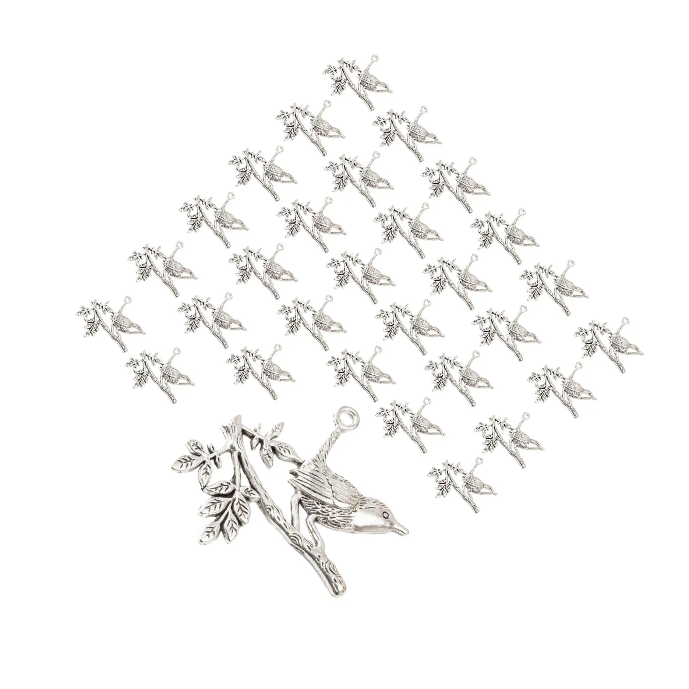 

30x Bird on Branch Charms DIY Findings for Bag Decoration Phone Caps Zippers silver