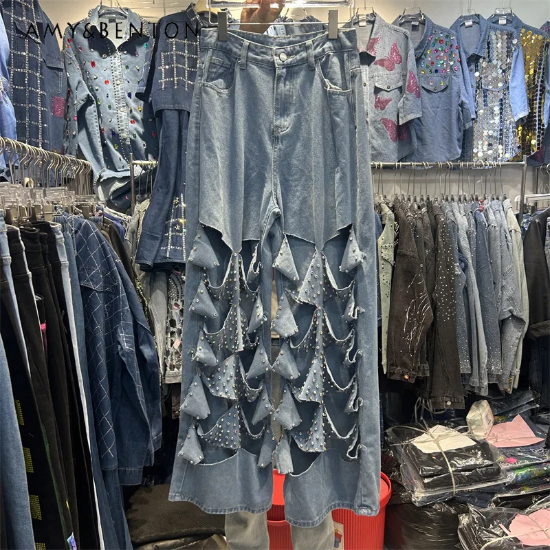 

Heavy Industry 2025 Summer New Denim Trousers Fashion Solid Color Design Sense Popular Ripped Diamond Jeans Wide Leg Pants Women